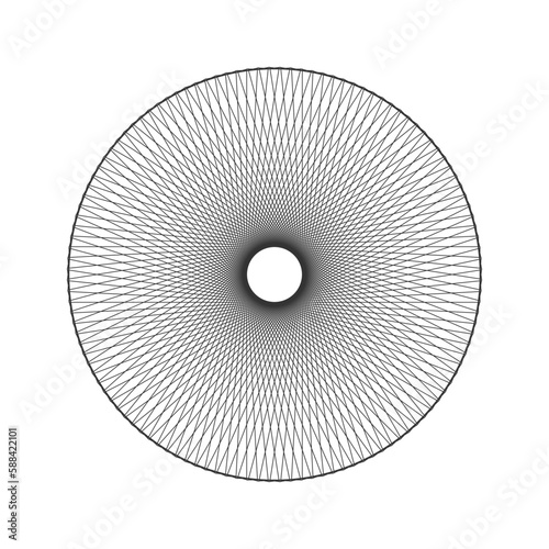 Spirograph template. Concentric ornament texture. Harmonic symmetric wireframe element. Round guilloche shape isolated on white background