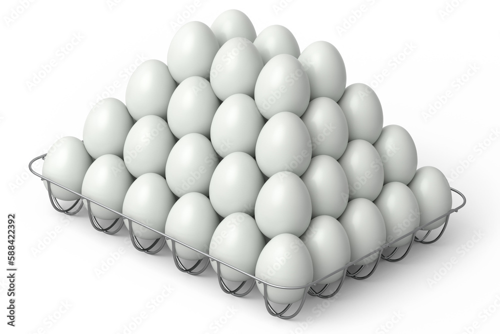 Farm raw organic white sugar-coated eggs for morning breakfast in metal tray Farm raw organic white sugar-coated eggs for morning breakfast in metal tray