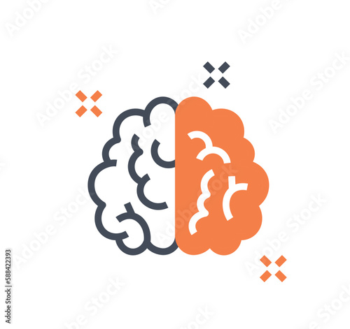 Colorful brain icon. Brainstorming, idea and insight. Logotype for company or organization, branding. Cognitive and mental abilities and skills. Cartoon flat vector illustration