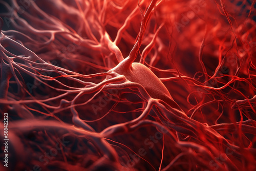 Health care and medicine concept. Abstract visualization of of red human veins and blood vessels web. Microscopic view. Abstract and futuristic looking style. Generative AI photo