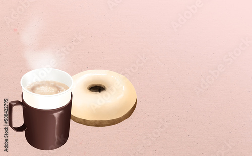 イラスト素材・カップホルダー付き紙コップのホットカフェオレ&ドーナッツ ピンク背景 色違い・差分有