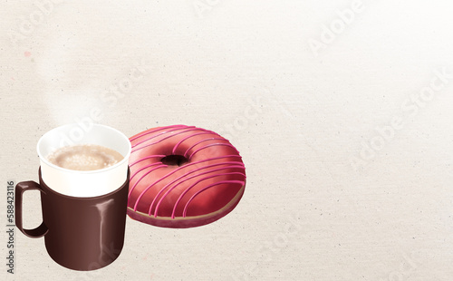 イラスト素材・カップホルダー付き紙コップのホットカフェオレ&ドーナッツ 砂目背景 色違い・差分有