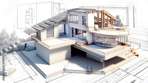 Building house on blueprints - construction project. Generative AI