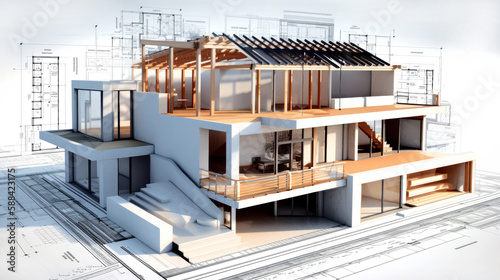 Building house on blueprints - construction project. Generative AI