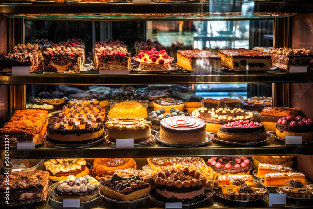 Display case filled with lots of different types of cakes,. tarts and pies on display in a bakery or bakery store or restaurant, high quality generative ai