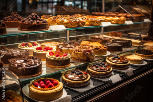 Display case filled with lots of different types of cakes,. tarts and pies on display in a bakery or bakery store or restaurant, high quality generative ai