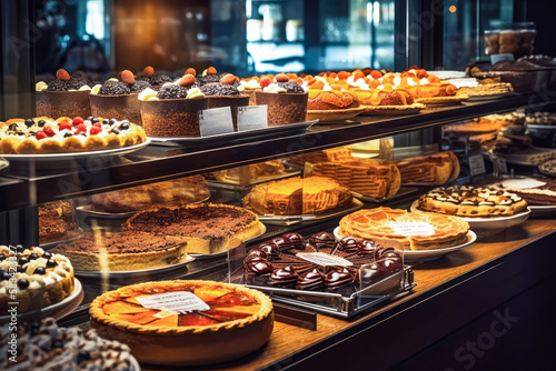 Display case filled with lots of different types of cakes,. tarts and pies on display in a bakery or bakery store or restaurant, high quality generative ai photo