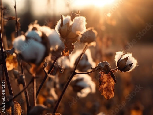 3D illustration of a cotton plant that is ready to be harvested. Cultivated commercially to make high-quality textiles. Close-up view of ripe cotton seeds ready to harvest by farmers.  © Aisyaqilumar
