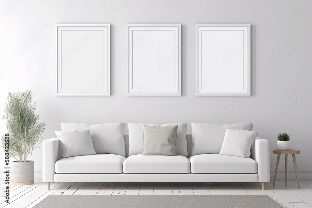Blank picture frame mockup on white wall. Modern living room design. View of modern scandinavian style interior with sofa. Three vertical templates for artwork, painting, photo or poster. AI Blank picture frame mockup on white wall. Modern living room design. View of modern scandinavian style interior with sofa. Three vertical templates for artwork, painting, photo or poster. AI