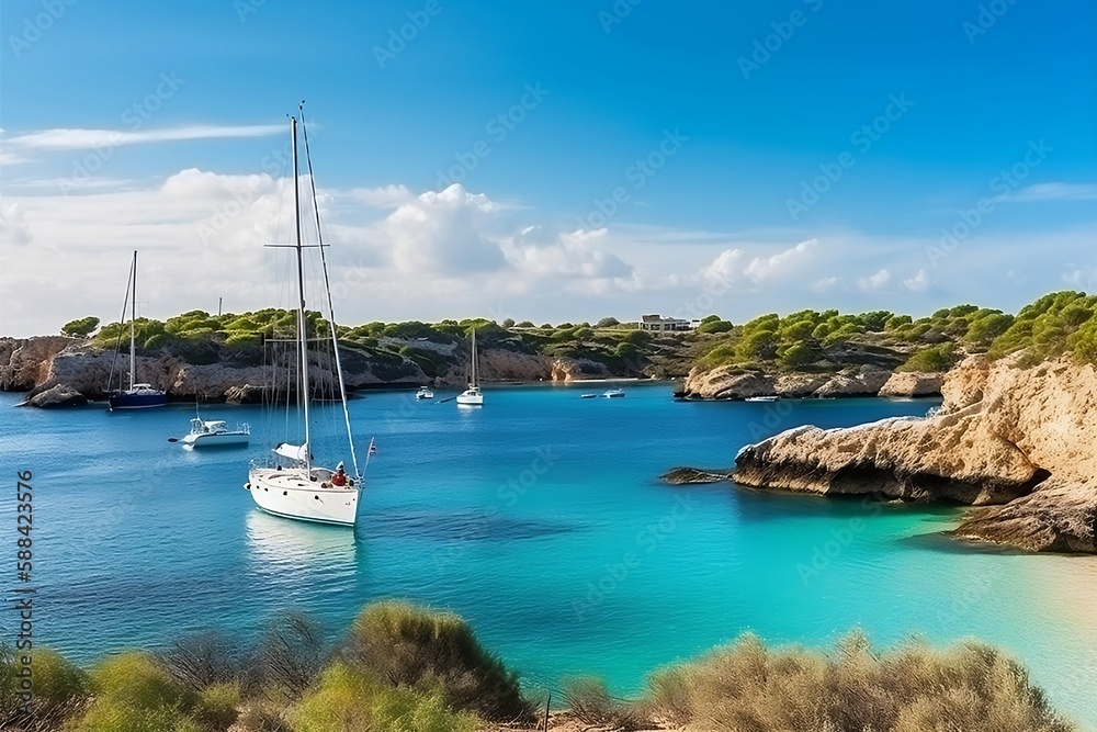 Beautiful beach with sailing boat yacht, Menorca island, Spain. Sailing boats in a bay. Summer fun, enjoying life, yachting, travel and active lifestyle concept. Generative AI