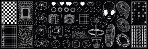 Rave psychedelic retro futuristic set in trendy y2k style. Face alien, flower power character. Surreal abstract geometric shapes, and patterns, wireframe, cyberpunk elements and perspective grid.