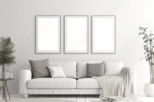 Blank picture frame mockup on white wall. Modern living room design. View of modern scandinavian style interior with sofa. Three vertical templates for artwork, painting, photo or poster. AI