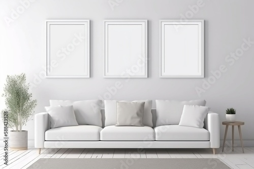 Blank picture frame mockup on white wall. Modern living room design. View of modern scandinavian style interior with sofa. Three vertical templates for artwork, painting, photo or poster. AI