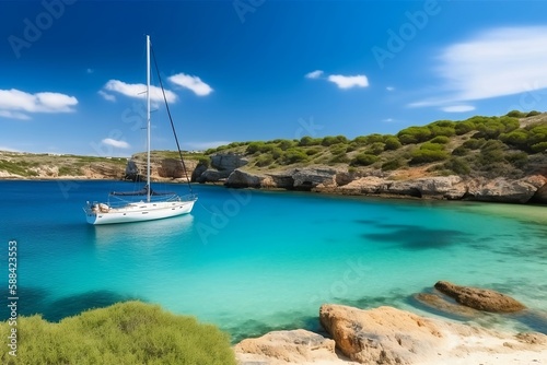 Beautiful beach with sailing boat yacht, Menorca island, Spain. Sailing boats in a bay. Summer fun, enjoying life, yachting, travel and active lifestyle concept. Generative AI