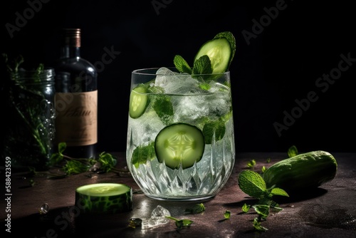 A gin and tonic alcoholic drink, featuring a splash of elderflower liqueur and fresh cucumber slices