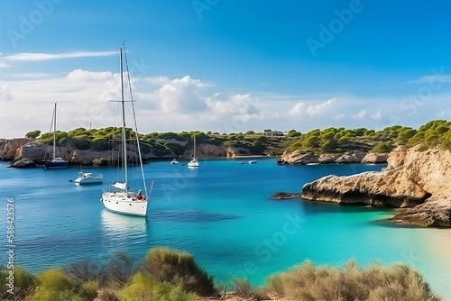 Beautiful beach with sailing boat yacht, Menorca island, Spain. Sailing boats in a bay. Summer fun, enjoying life, yachting, travel and active lifestyle concept. Generative AI © Stitch