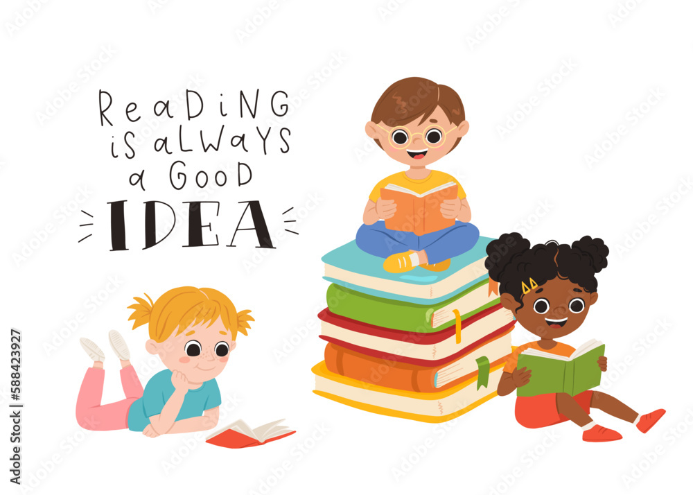 Vector set of cartoon children reading books. Multiracial kids in different poses with book and phrase Reading is always a good idea. Vector set of cartoon children reading books. Multiracial kids in different poses with book and phrase Reading is always a good idea.