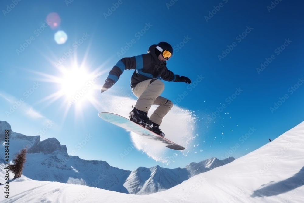 Jumping snowboarder on snowboard in mountains. Ai generative.