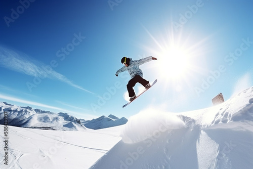 Jumping snowboarder on snowboard in mountains. AI generative.