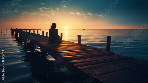 Woman sitting on a wooden jetty and looking at the sunset.generative ai © S...