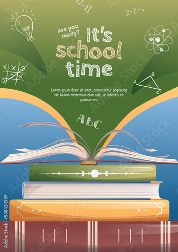 Back to school poster with school items and elements. Colorful background with textbooks and books. Flyer banner, postcard for the new school year