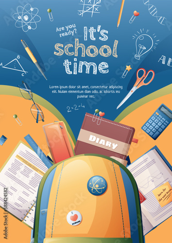 School poster back to school. Backpack with textbooks, books, stationery. School time, education. Great for banner, poster, promotion.