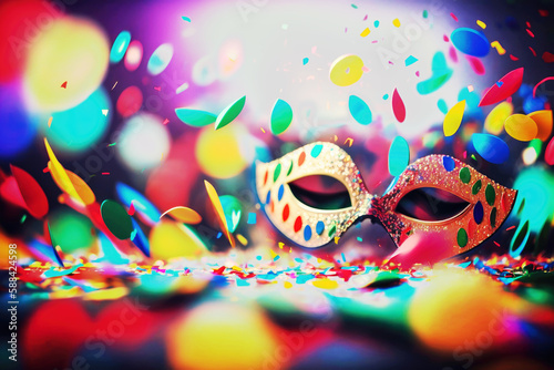 Colored confetti background with mask, ideal for carnival, Generative AI © EKH-Pictures