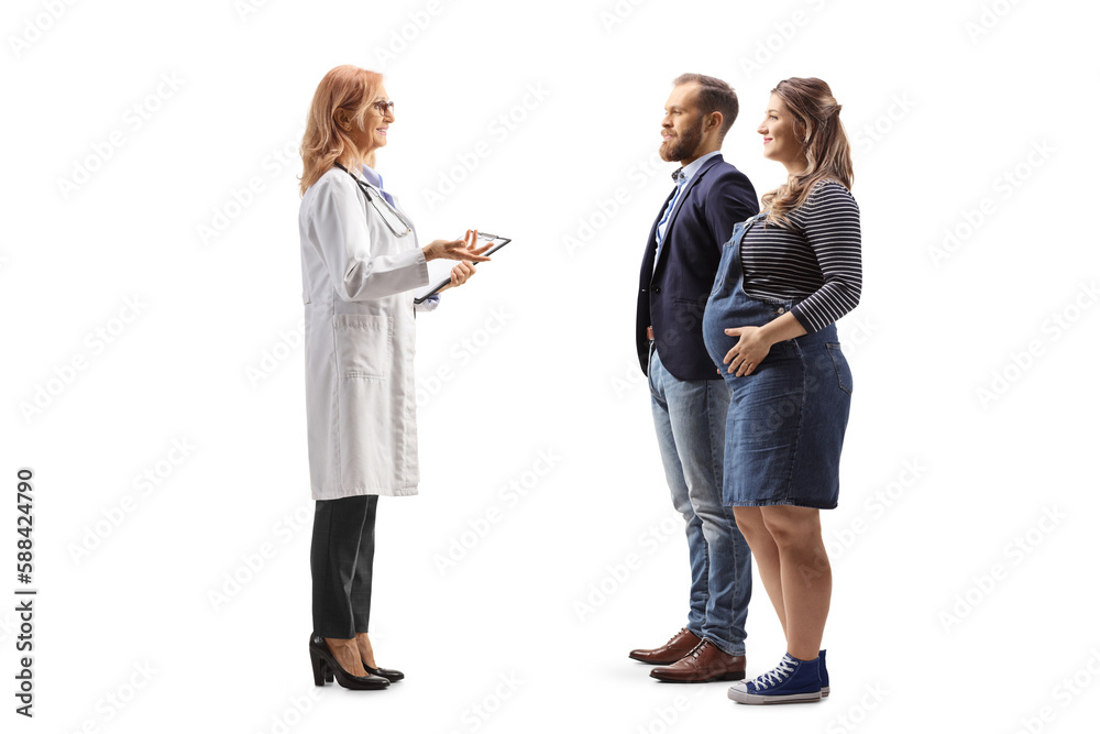 Full length profile shot of a young expecting couple talking to and a female doctor having a conversation Full length profile shot of a young expecting couple talking to and a female doctor having a conversation