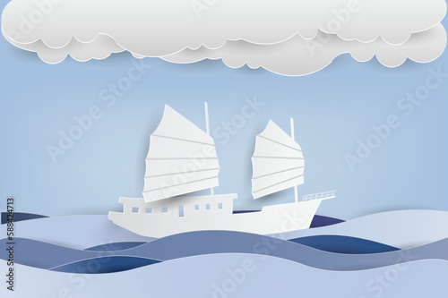 sailing boat on the sea, Sailing yacht on the ocean, beautiful sail boat sailing in tropical exotic bay with emerald clear sea, paper cut art picture