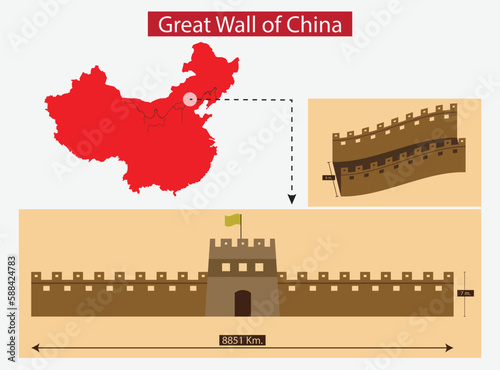 illustration of history and travel, Great Wall of china, Chinese famous landmark with watchtowers and wall sections, the Qin dynasty and the first emperor of a unified China