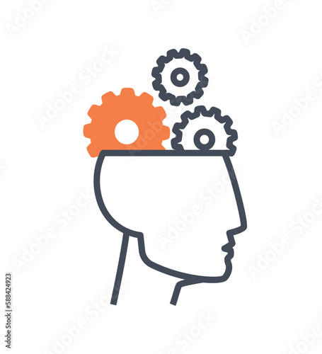 Head with coghweel icon. Abstract head silhouette, mental and cognitive capabilities and abilities. Creative personality, self development and awareness. Cartoon flat vector illustration