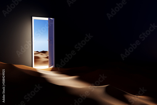 Open Door And Light Leading to Desert - Minimal concept. 3d Illustration Render © Akhilesh Sharma