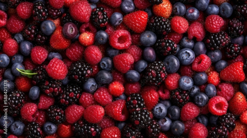 Mixture of strawberries, raspberries, blueberries, blackberries texture. Generative AI Mixture of strawberries, raspberries, blueberries, blackberries texture. Generative AI