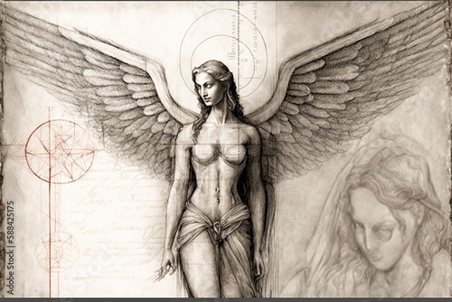  woman angel with wings drawing in style of Leonardo Da Vinci created by generative AI