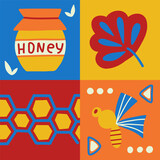 Vector graphic collage with beekeeping elements. Concept illustration with pot of honey, honeycombs, bee and flower. Modern style with abstract figures.