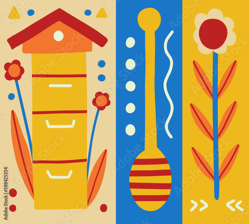 Vector graphic collage with beekeeping elements. Concept illustration with beehive, honey spoon and flower. Modern style with abstract figures.