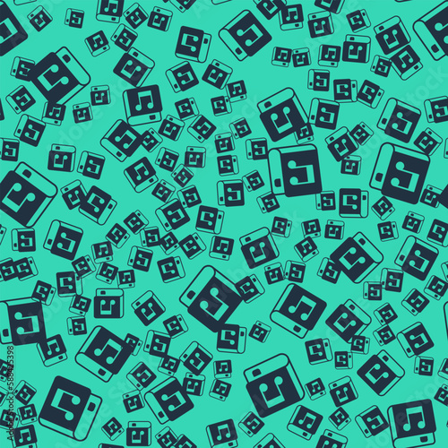 Black Audio book icon isolated seamless pattern on green background. Musical note with book. Audio guide sign. Online learning concept. Vector