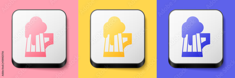 Isometric Wooden beer mug icon isolated on pink, yellow and blue background. Square button. Vector Isometric Wooden beer mug icon isolated on pink, yellow and blue background. Square button. Vector