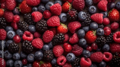 Mixture of strawberries  raspberries  blueberries  blackberries texture. Generative AI