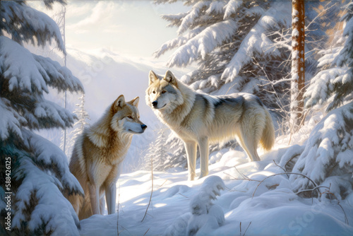 Arctic wolves ( Canis lupus arctos) in a beautiful snowy landscape in the mountains. Generative AI © EKH-Pictures
