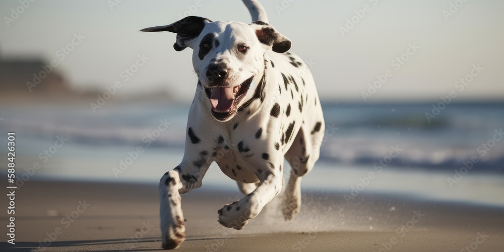 Dalmatian dog running on the beach. Generative AI