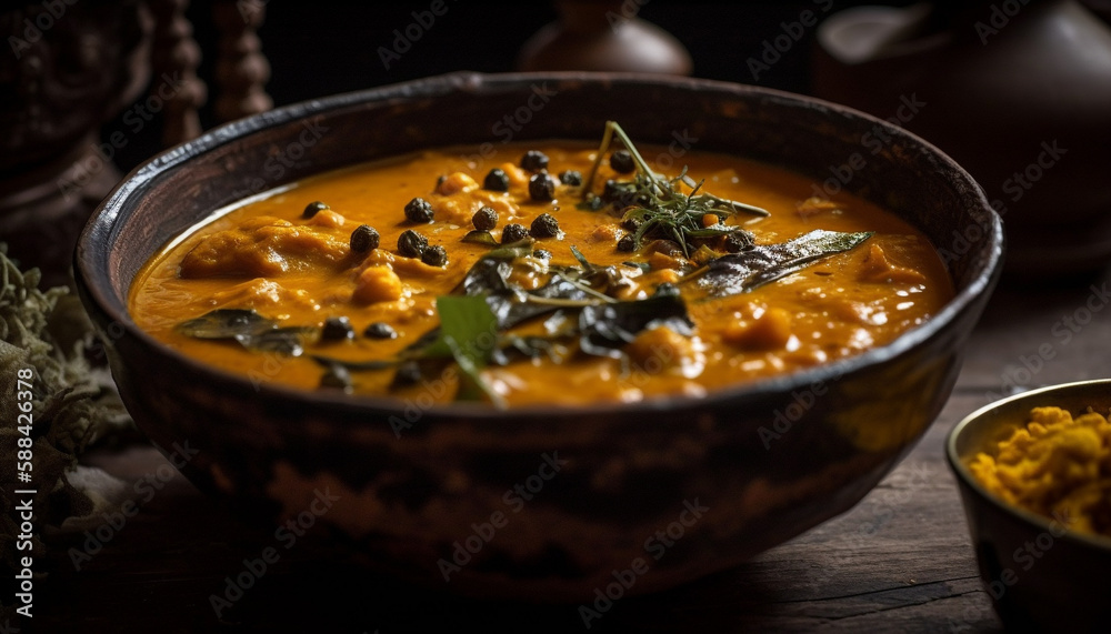 Healthy vegetarian pumpkin soup in rustic crockery generated by AI