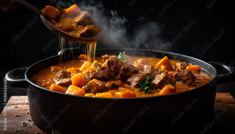 Beef stew simmers in rustic cast iron generated by AI