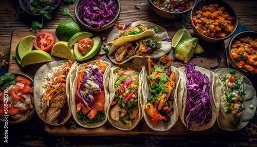 Freshly made Mexican taco salad on wood plate generated by AI