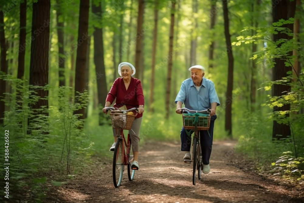 Two elderly people riding bicycles outdoors. Generative AI