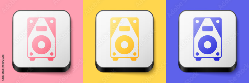 Isometric Stereo speaker icon isolated on pink, yellow and blue background. Sound system speakers. Music icon. Musical column speaker bass equipment. Square button. Vector Isometric Stereo speaker icon isolated on pink, yellow and blue background. Sound system speakers. Music icon. Musical column speaker bass equipment. Square button. Vector