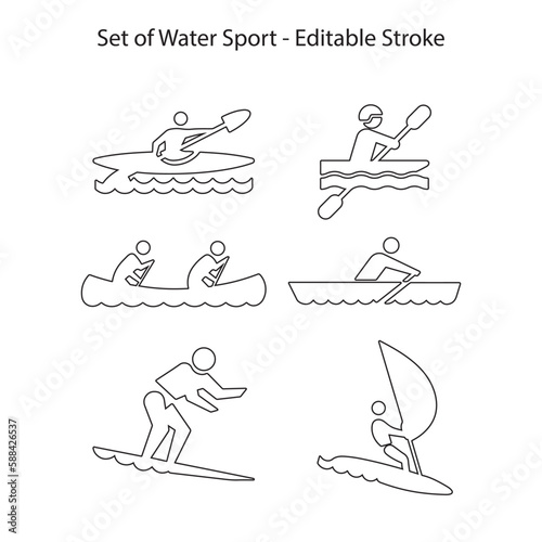 Simple Set of Water Sport Related Vector Line Icons. Contains such Icons as Riding Water Bike, SUP Boarding, Windsurfing and more. Editable Stroke.  Eps10 vector illustration.