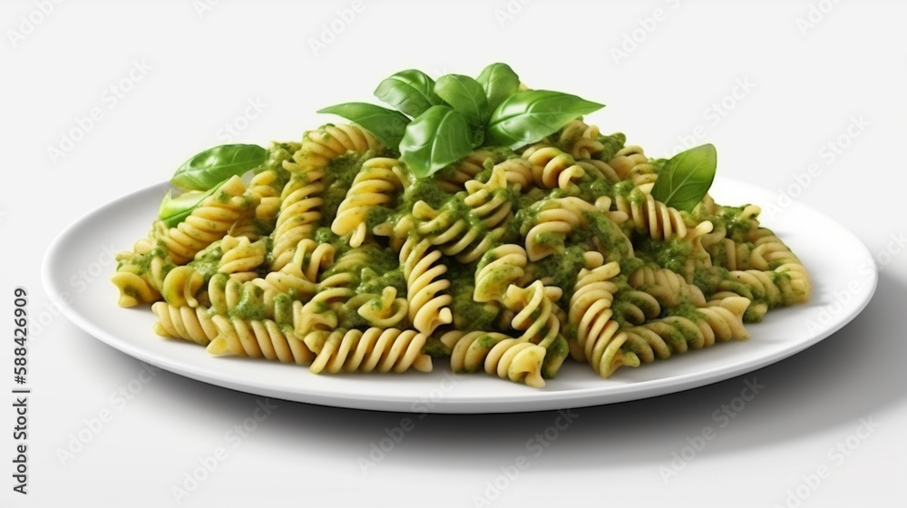 Fusilli pasta with pesto sauce and basil on white background.generative ai Fusilli pasta with pesto sauce and basil on white background.generative ai