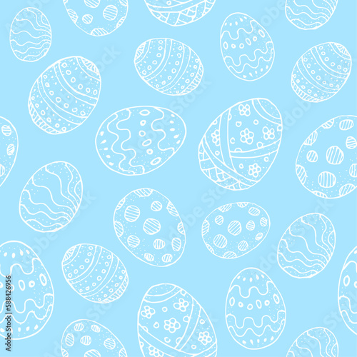 Seamless background with white contour Easter eggs on a blue background. Stylized Easter eggs with patterns