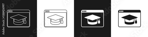 Set Online education and graduation icon isolated on black and white background. Online teacher on monitor. Webinar and video seminar learning. Vector